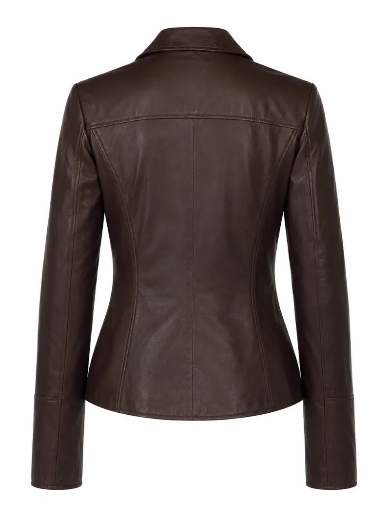 Women's Brown Buckle Straps Leather Jacket, back view