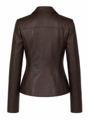 Women's Brown Buckle Straps Leather Jacket, back view