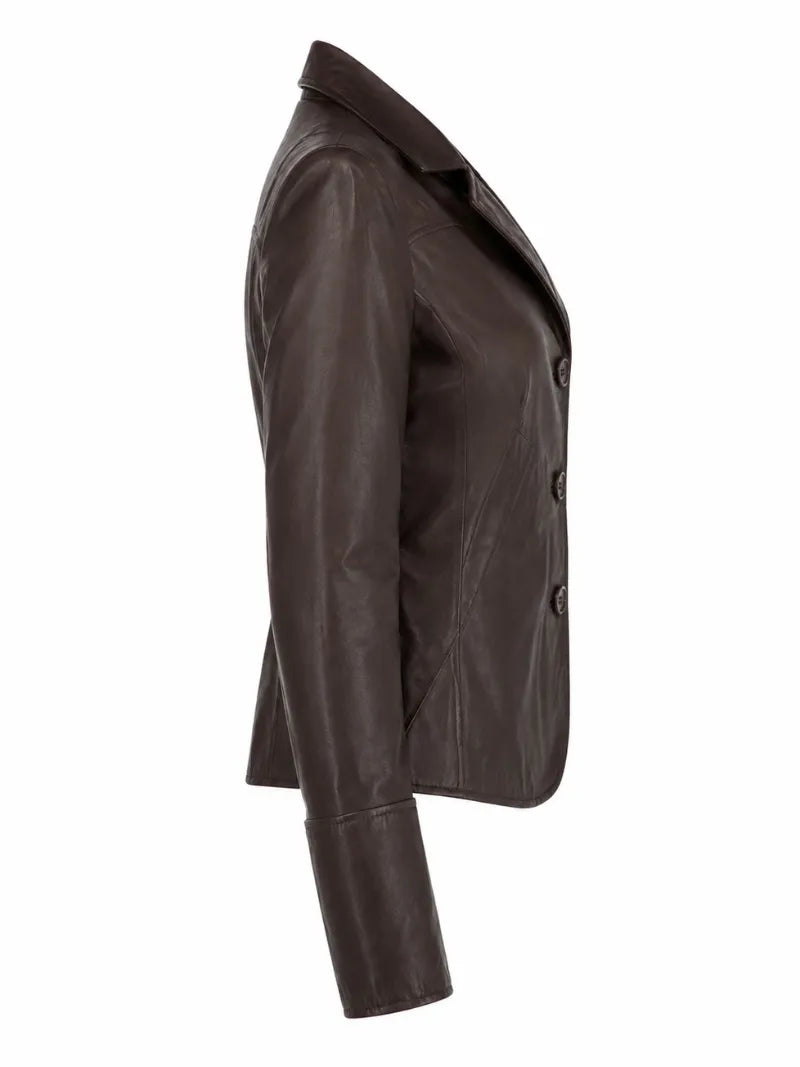 Women's Brown Buckle Straps Leather Jacket, side view