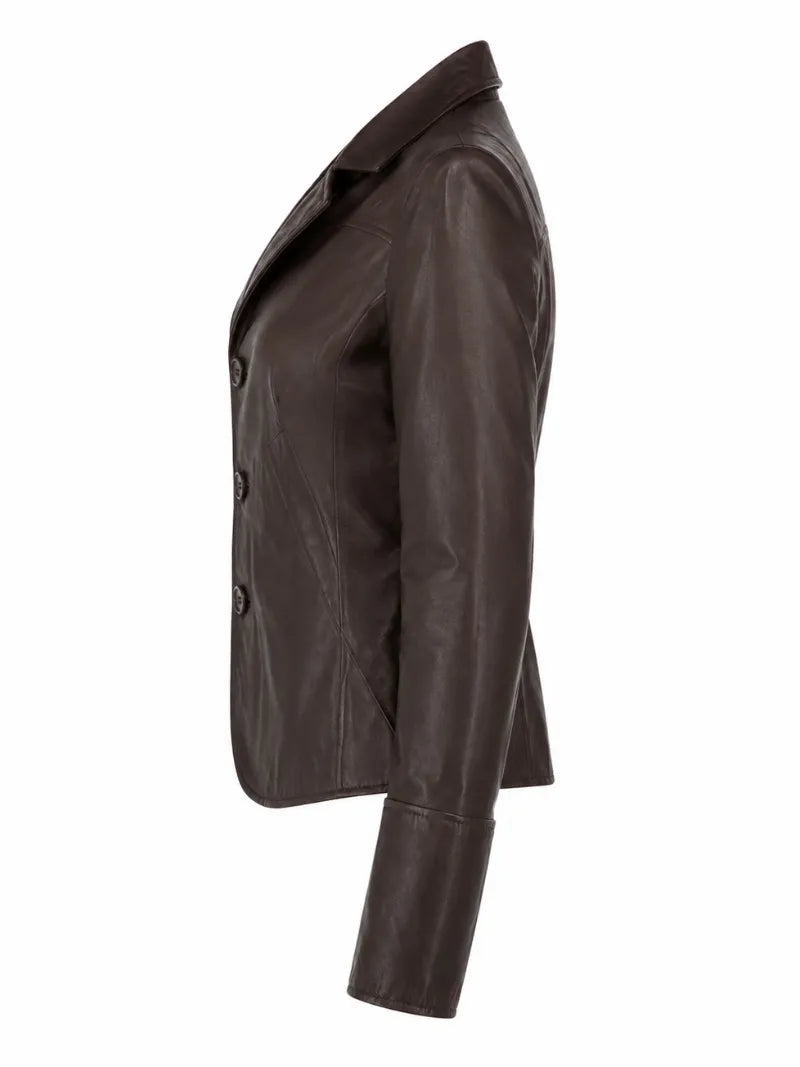 Women's Brown Buckle Straps Leather Jacket, collar detail