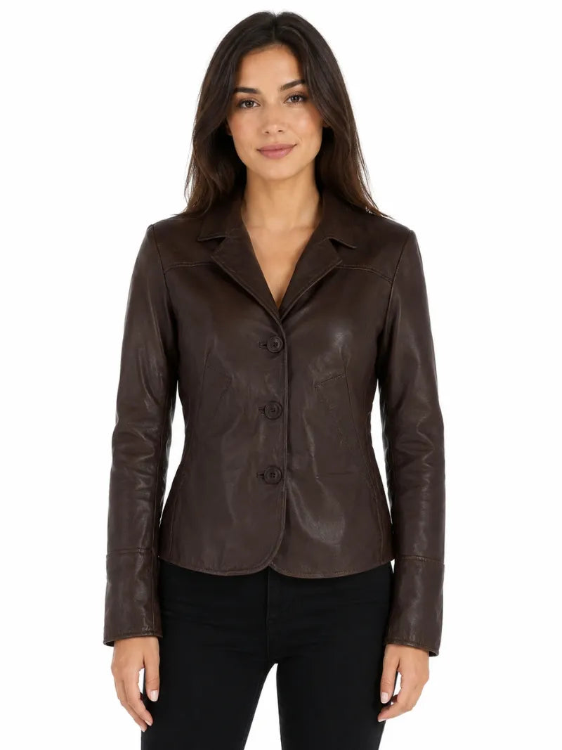 Women's Brown Buckle Straps Leather Jacket, closure detail