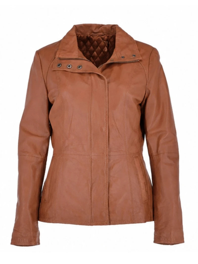 Women's Brown High Collar Leather Jacket Front 
