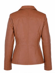 Women's Brown High Collar Leather Jacket Back 