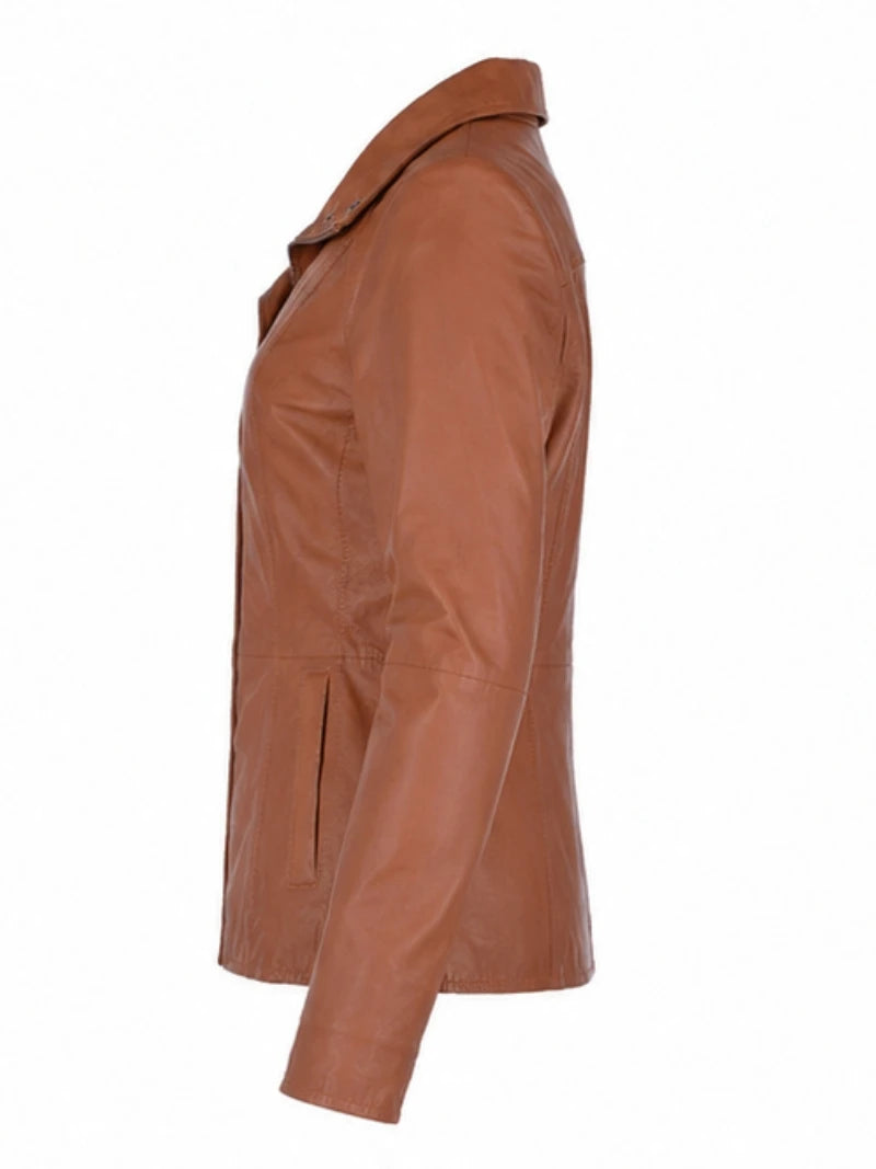 Women's Brown High Collar Leather Jacket Left 