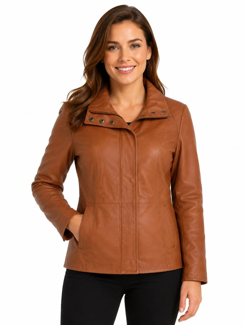 Women's Brown High Collar Leather Jacket Full