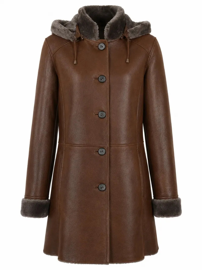 Women's Brown Hooded Shearling Leather Coat Front 
