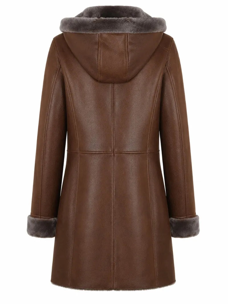 Women's Brown Hooded Shearling Leather Coat Back 