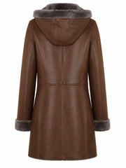 Women's Brown Hooded Shearling Leather Coat Back 