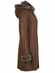 Women's Brown Hooded Shearling Leather Coat Right 
