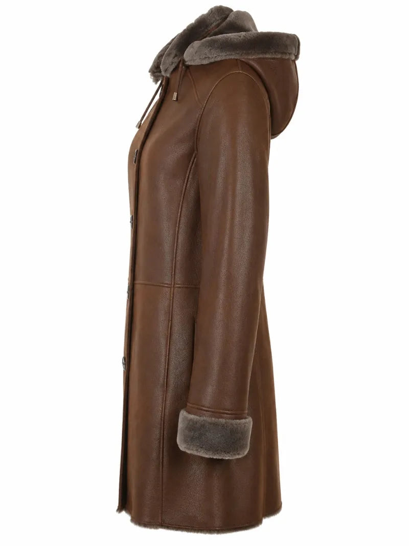 Women's Brown Hooded Shearling Leather Coat Left