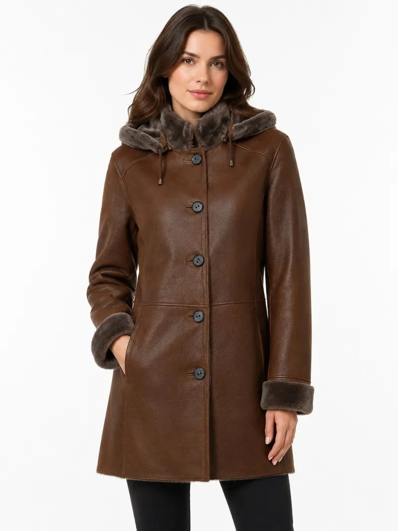 Women's Brown Hooded Shearling Leather Coat Full