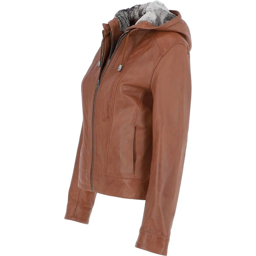 Women's Brown Leather Jacket with Fur Hood