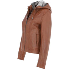 Women's Brown Leather Jacket with Fur Hood