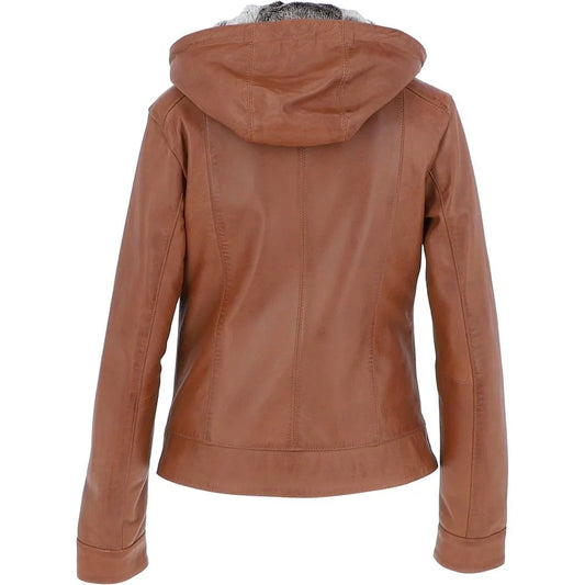Women's Brown Leather Jacket with Fur Hood