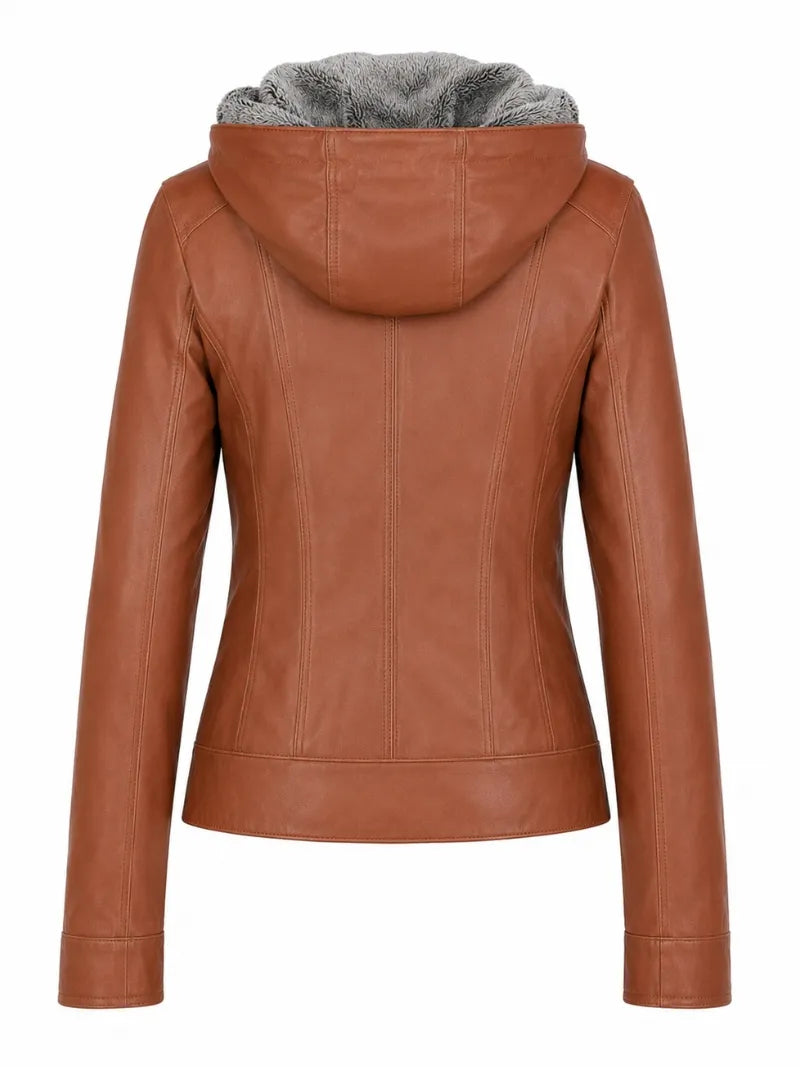 Women's Brown Leather Jacket with Fur Hood Back 