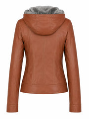 Women's Brown Leather Jacket with Fur Hood Back 