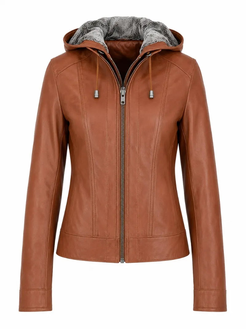 Women's Brown Leather Jacket with Fur Hood Front 