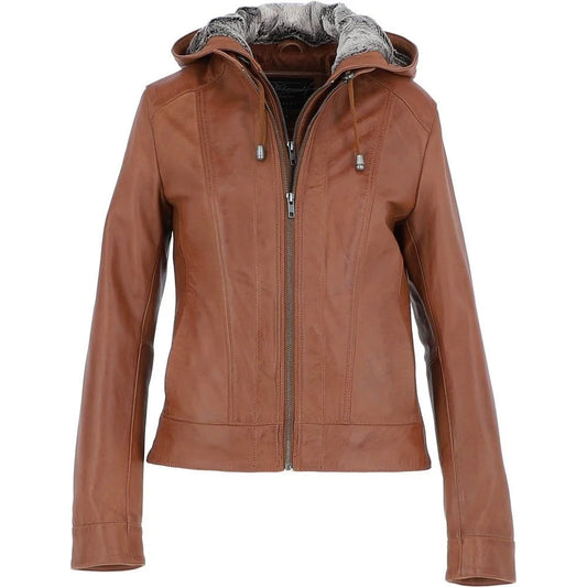 Women's Brown Leather Jacket with Fur Hood