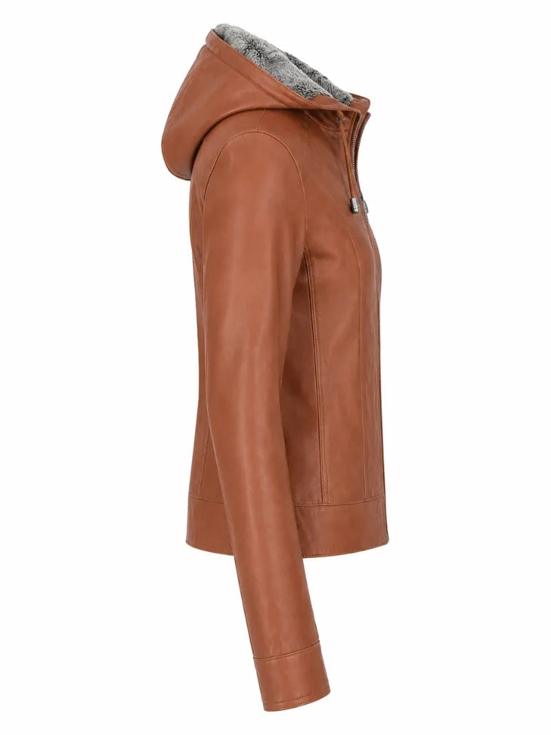 Women's Brown Leather Jacket with Fur Hood Right 