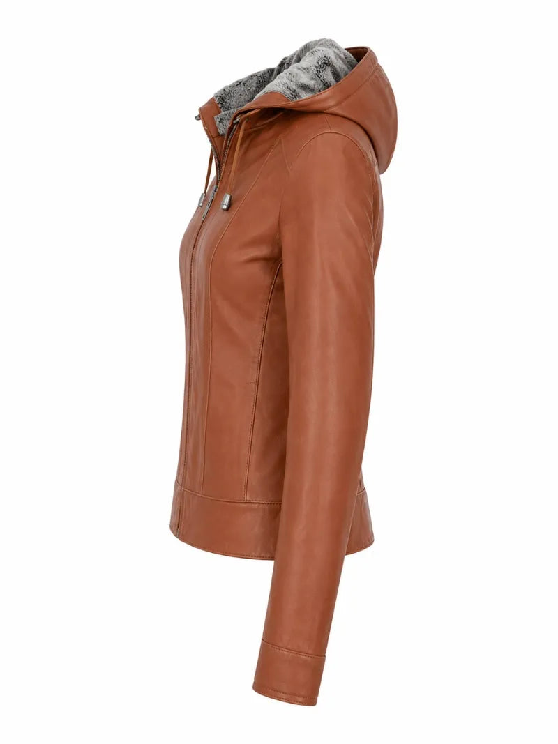 Women's Brown Leather Jacket with Fur Hood Left 