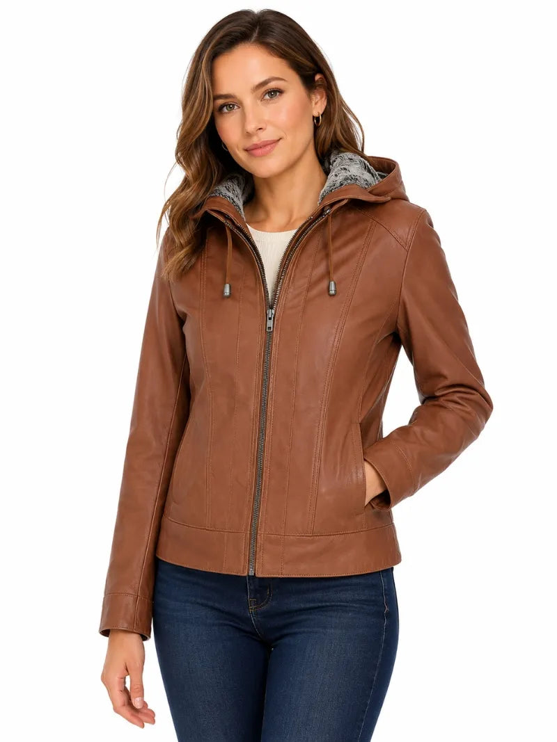 Women's Brown Leather Jacket with Fur Hood Full