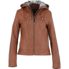 Women's Brown Leather Jacket with Fur Hood