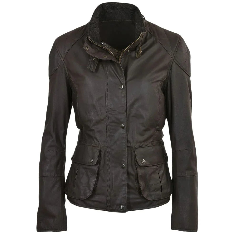 Women's Brown Leather Jacket with High-Neck Design