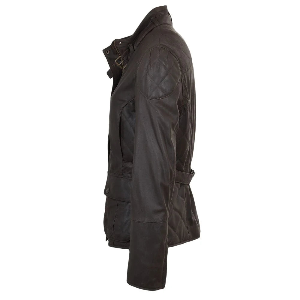 Women's Brown Leather Jacket with High-Neck Design