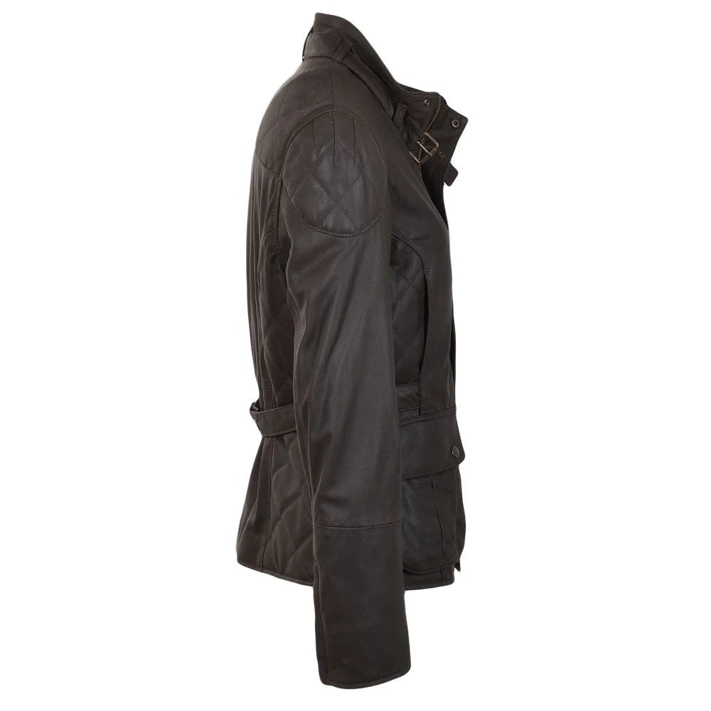 Women's Brown Leather Jacket with High-Neck Design