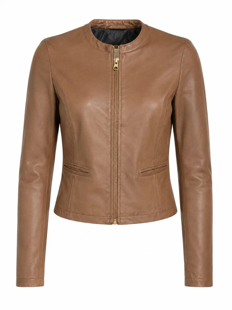 Women's Brown Leather Jacket with Round Collar Front 