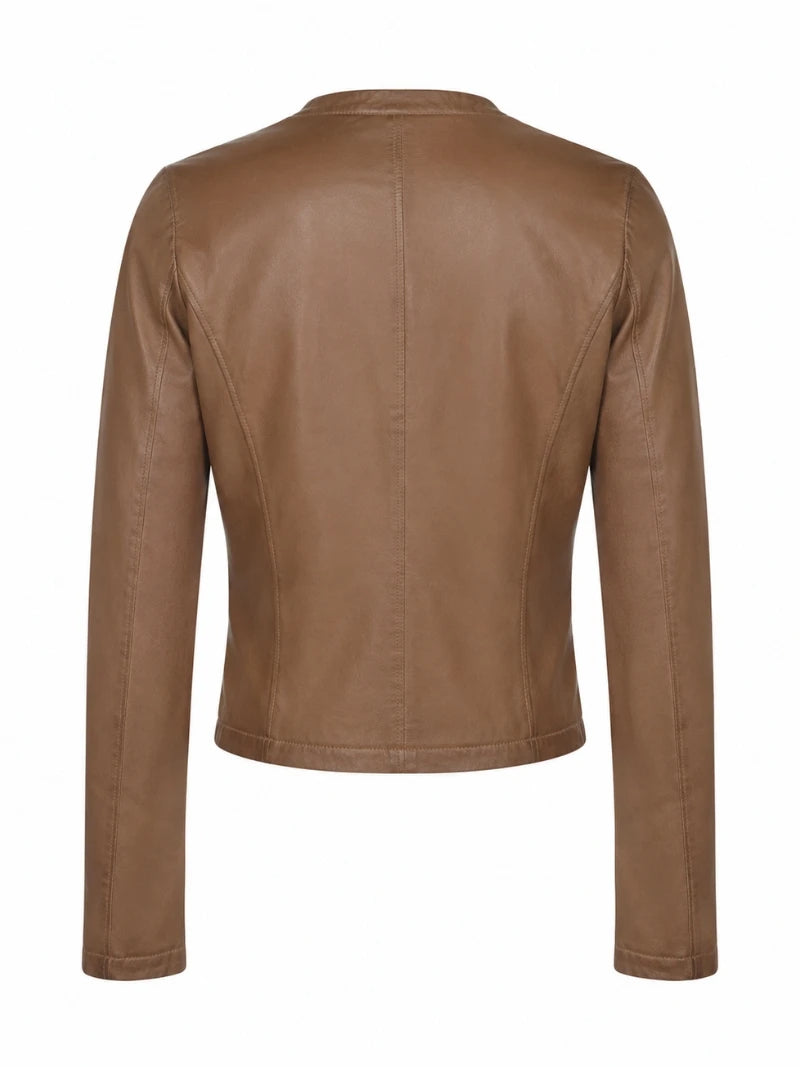 Women's Brown Leather Jacket with Round Collar Back 