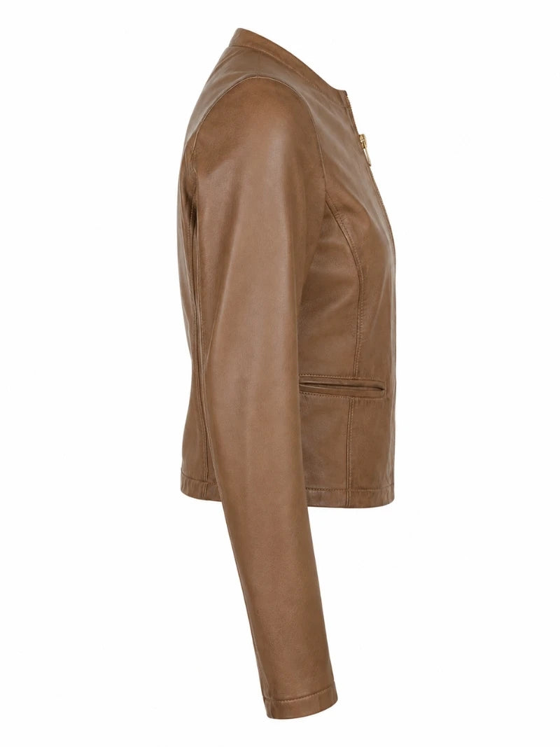 Women's Brown Leather Jacket with Round Collar Right 