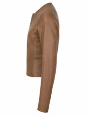 Women's Brown Leather Jacket with Round Collar Left 