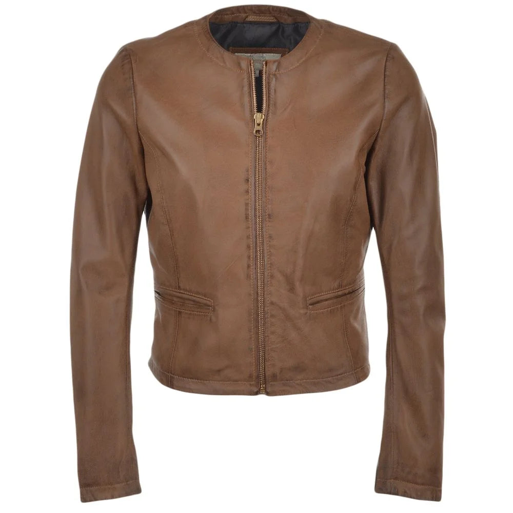 Women's Brown Leather Jacket with Round Collar