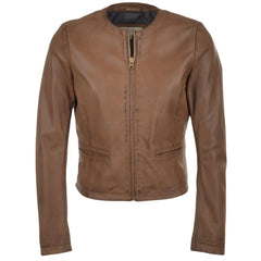 Women's Brown Leather Jacket with Round Collar