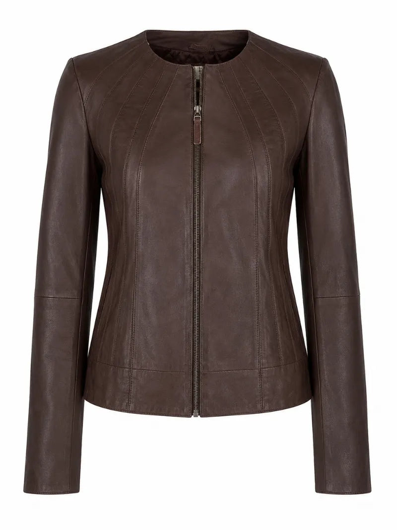Women's Brown Leather Round Collar Jacket Front 