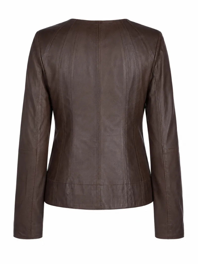 Women's Brown Leather Round Collar Jacket Back 