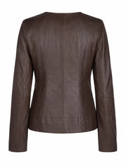 Women's Brown Leather Round Collar Jacket Back 