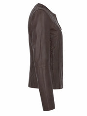 Women's Brown Leather Round Collar Jacket Right