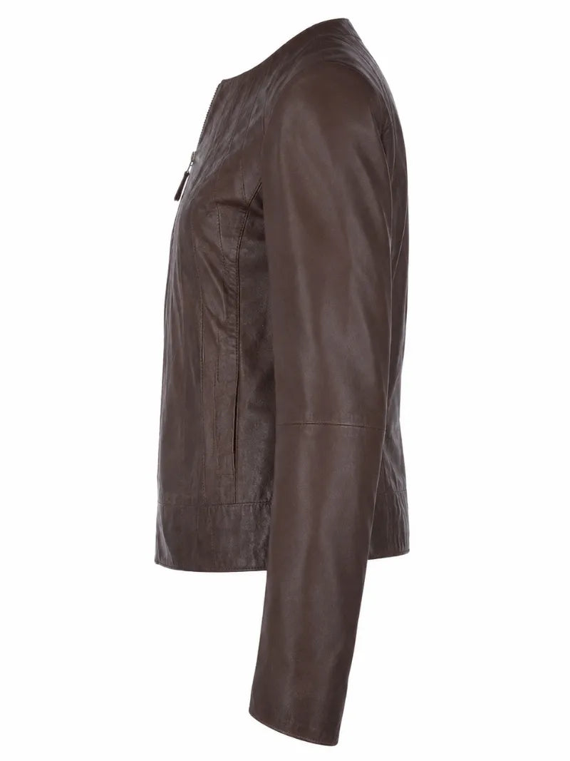Women's Brown Leather Round Collar Jacket Left 