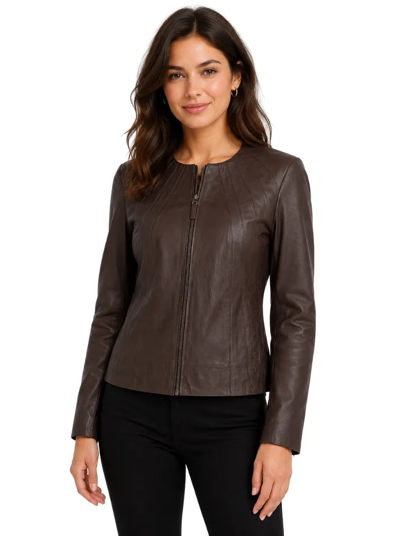Women's Brown Leather Round Collar Jacket Full
