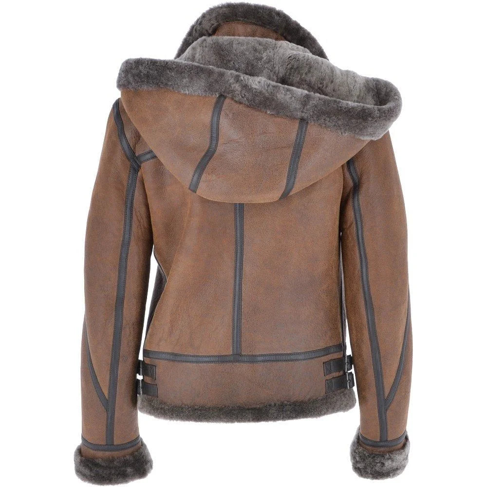Women's Brown Shearling Aviator Jacket with Hood