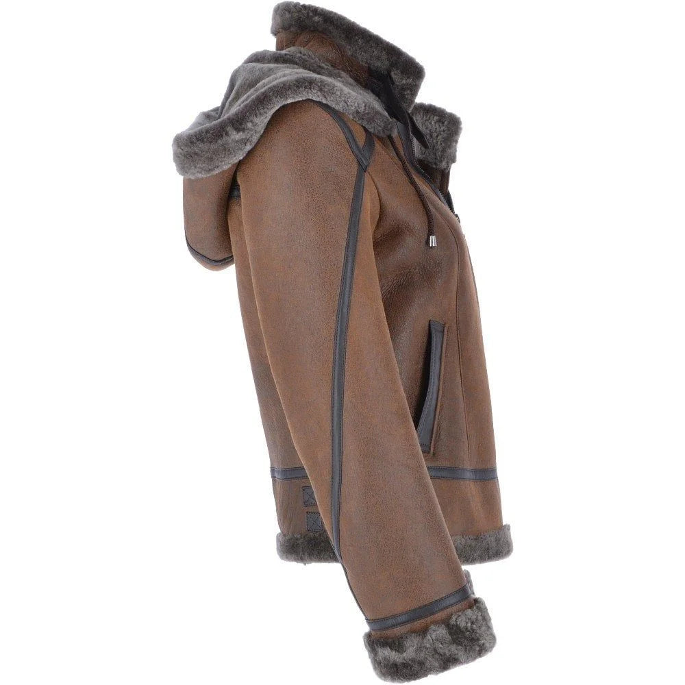 Women's Brown Shearling Aviator Jacket with Hood
