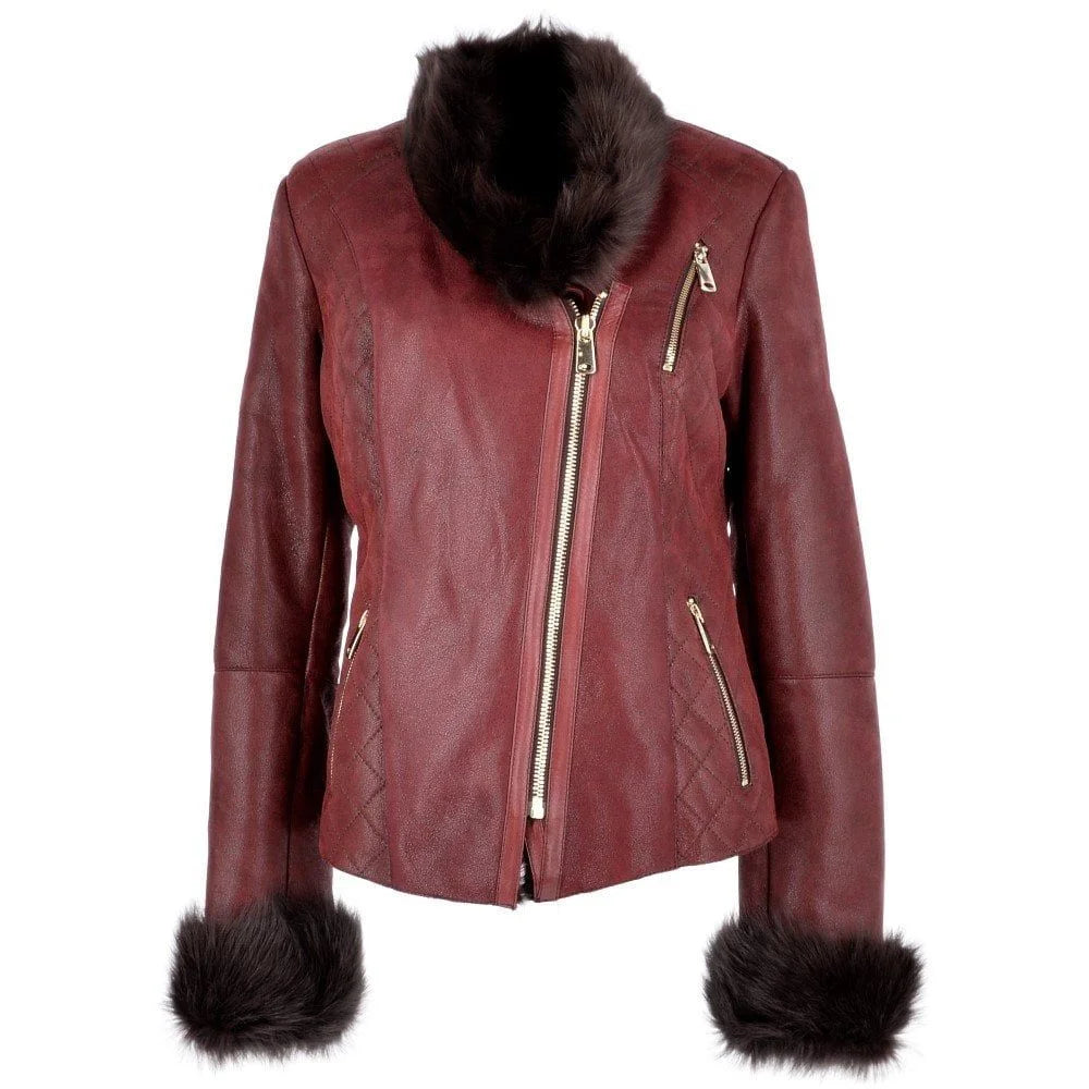 Women's Burgundy Trimmed Leather Jacket