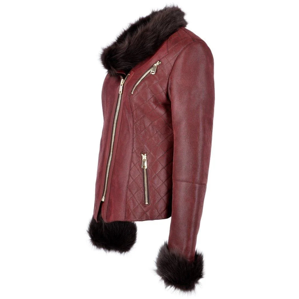 Women's Burgundy Trimmed Leather Jacket