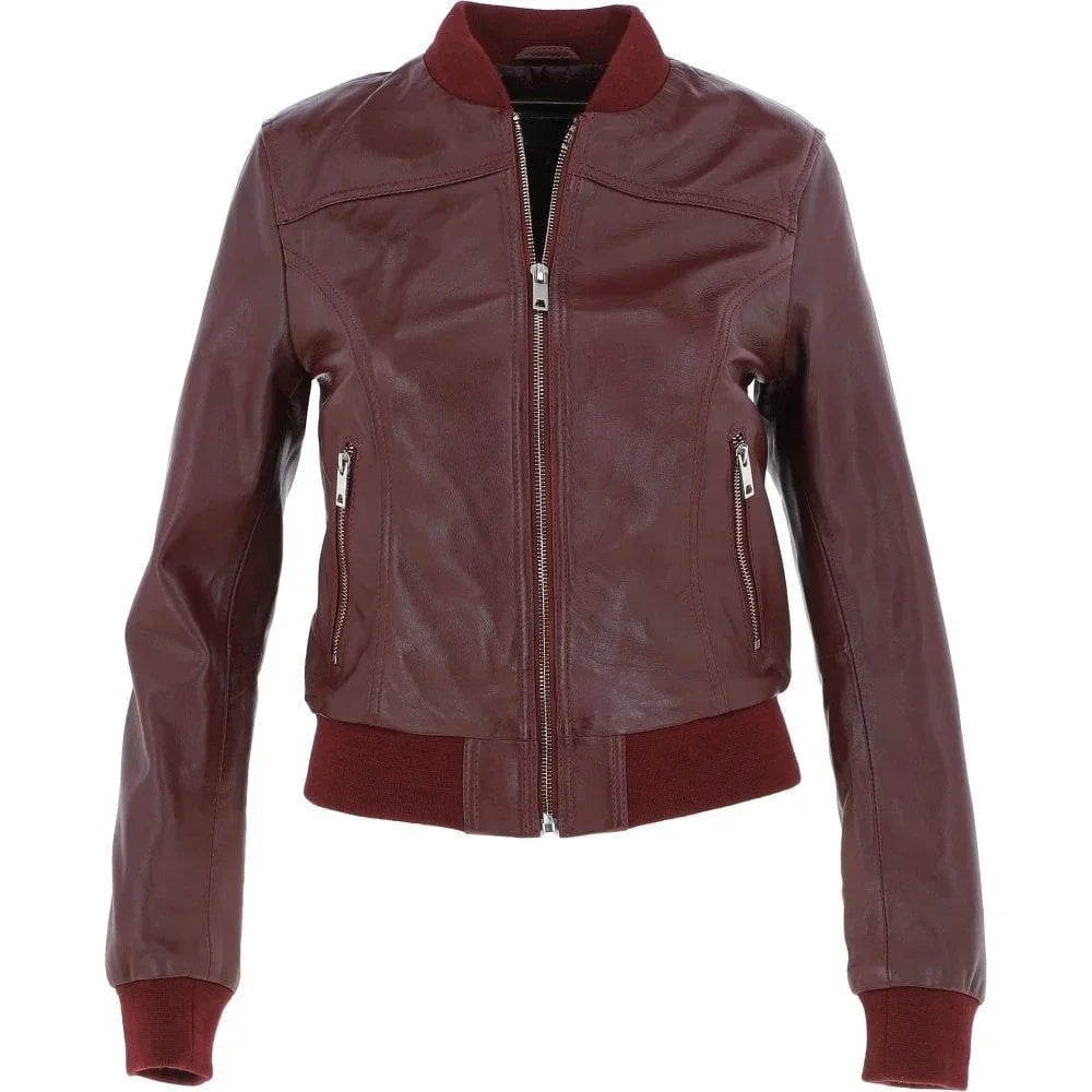 Women's Burgundy Leather Bomber Jacket