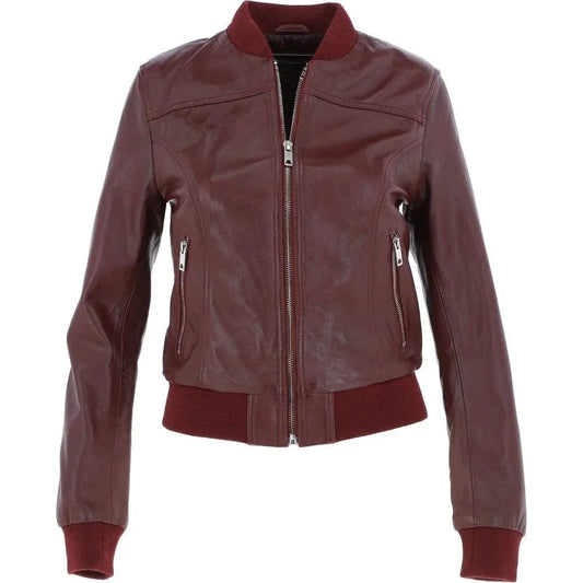 Women's Burgundy Leather Bomber Jacket