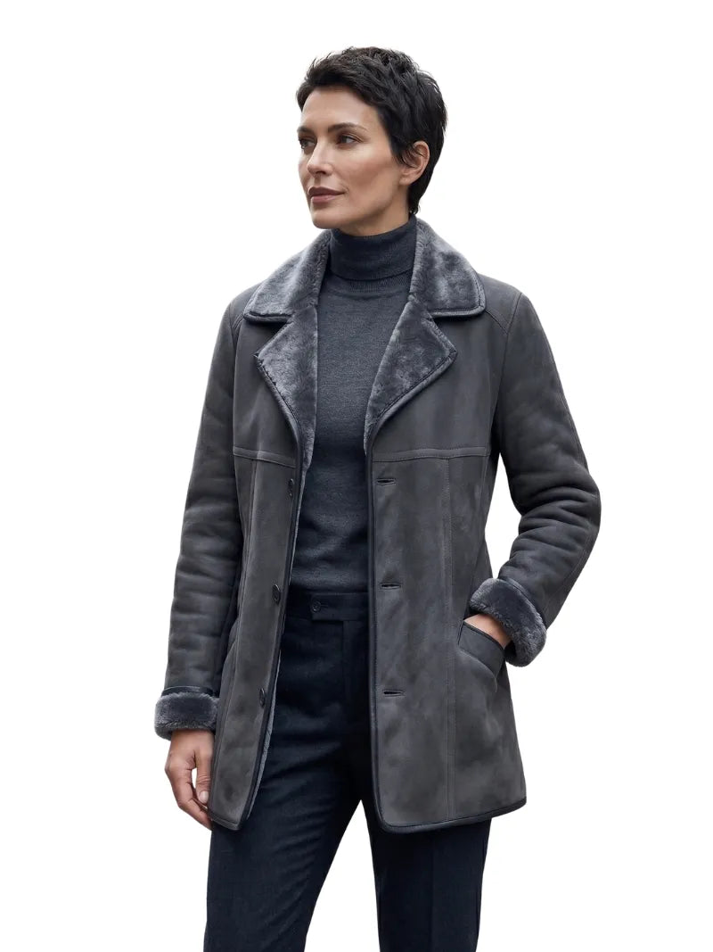 Women's Charcoal Grey Shearling Coat Full