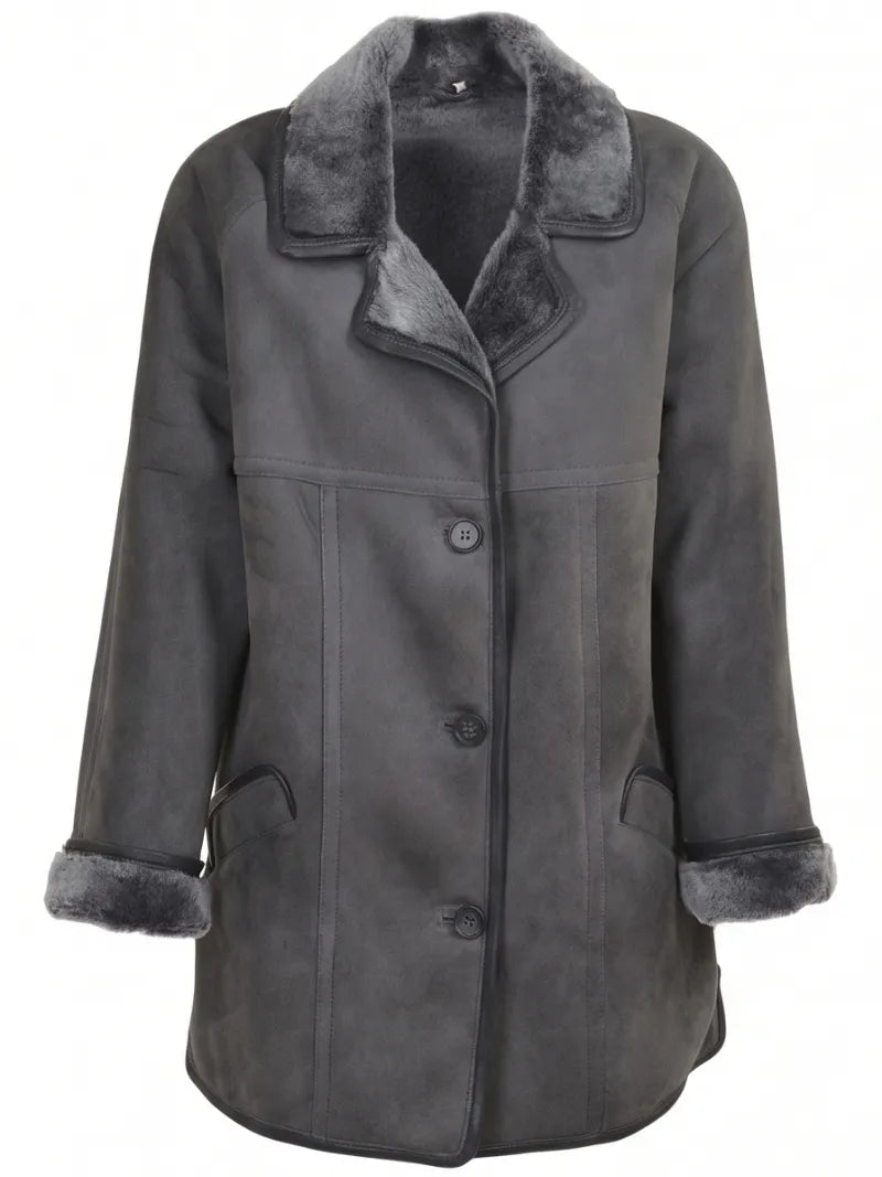 Women's Charcoal Grey Shearling Coat Front 