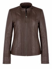 Women's Chocolate Brown Pleated Design Leather Jacket Front 